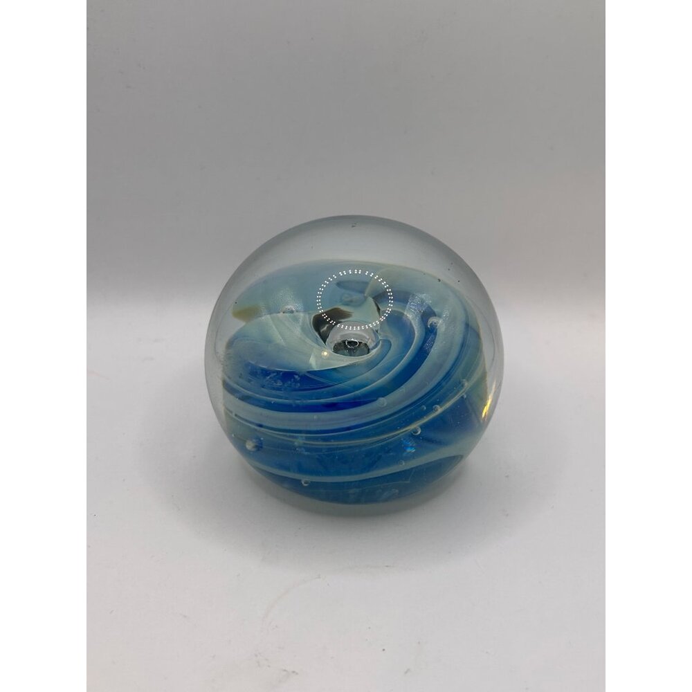 Handcrafted Blue Swirl Glass Paperweight With Bubble Accents And Intricate Desig